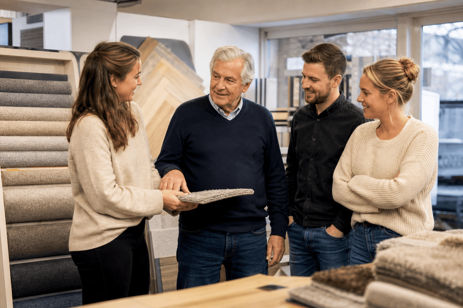 Familie Janssen in de showroom aan de Laarstraat in Zutphen tussen materiaalstalen